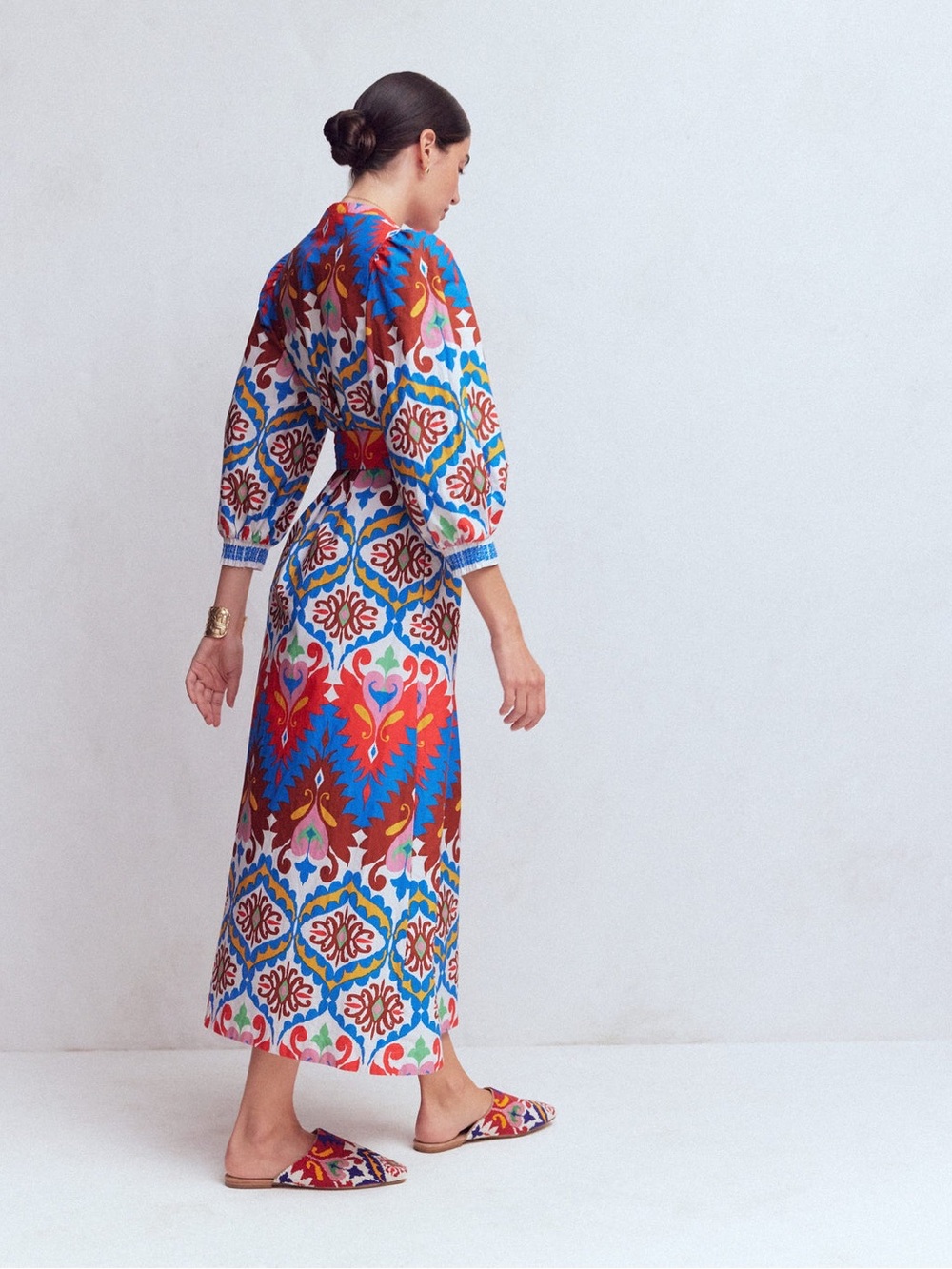 BODEN Octavia Cotton Dress Multi Ikat Dream Long Sleeve Midi Dress Size 2 Petite - Picture 3 of 9
